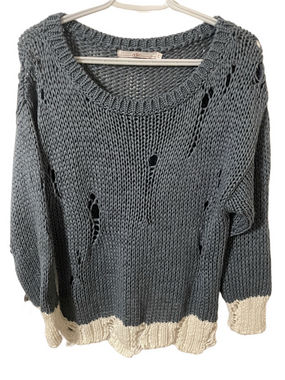 Aaiko Distressed Blue Scoop Neck Sweater with Cream Trim Size Large